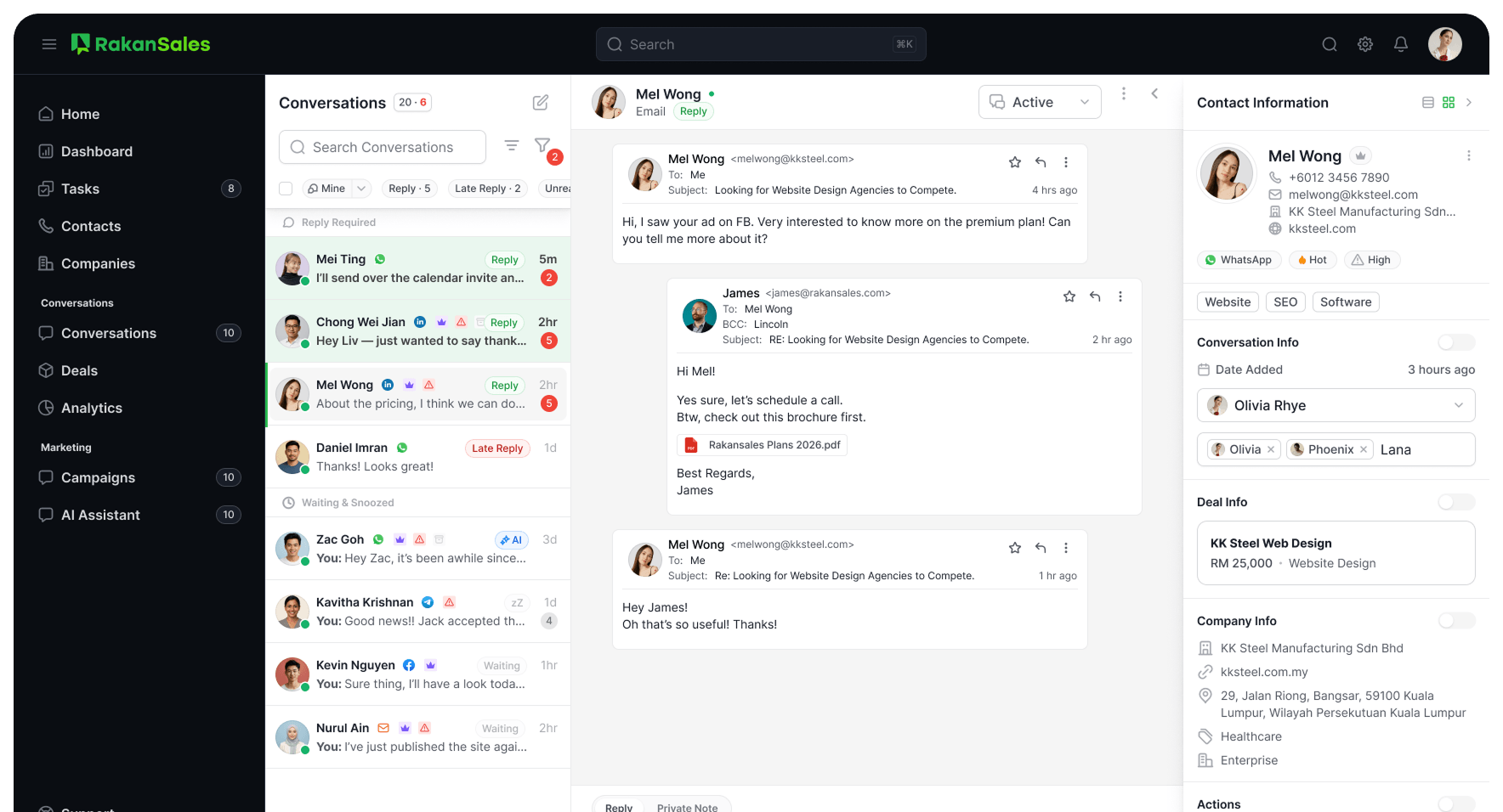 RakanSales sales dashboard showing lead pipeline and performance metrics